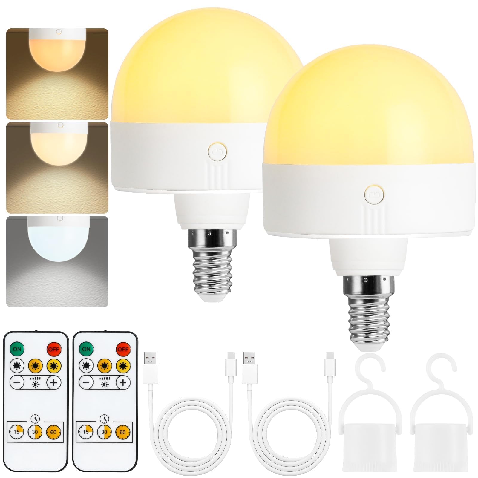 Fynokst USB-C Rechargeable Bulb with Remote Control, 3 Colours, Dimmable E14 LED Bulb with Battery, 5W Touch Control Battery Bulb with Timing Function, Emergency Light with Magnetic, Pack of 2