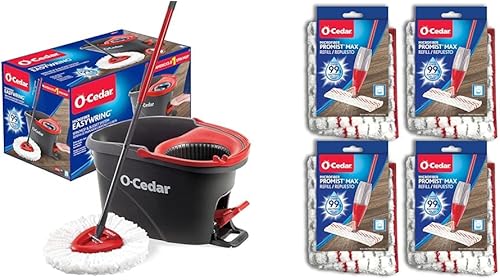 O-Cedar EasyWring - Trapeador giratorio de microfibra, sistema de limpieza de suelos de cubo, rojo, gris y repuesto lavable ProMist MAX, 4 unidades,