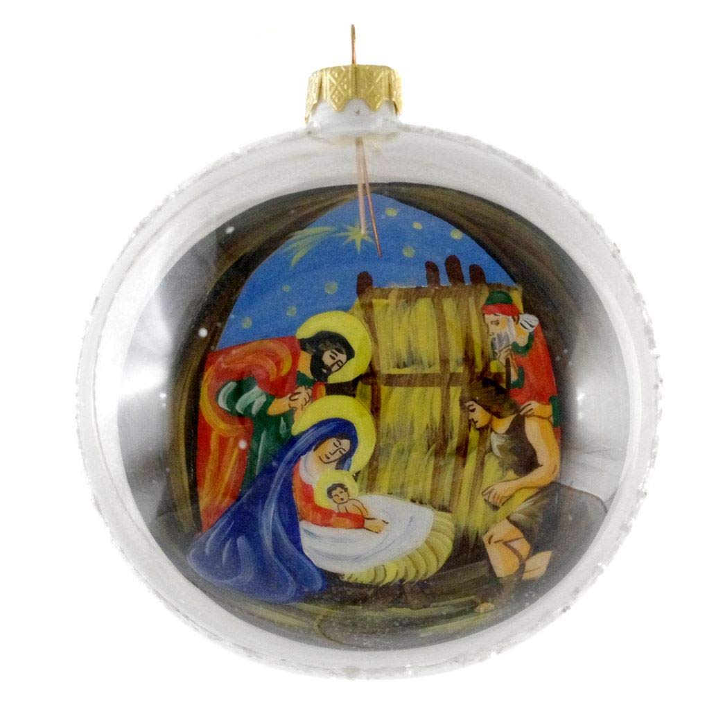 HolidayGiftShops Bola de Navidad de Vidrio Pintado a Mano en reversa de Manger Scene.