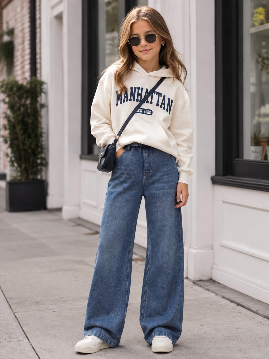 Tween Girls' Jeans Casual Elastic Waist Straight-Leg Denim Pants with Bowknot for Girls Y2K Boyfriend Skater Streetwear 7-14Y