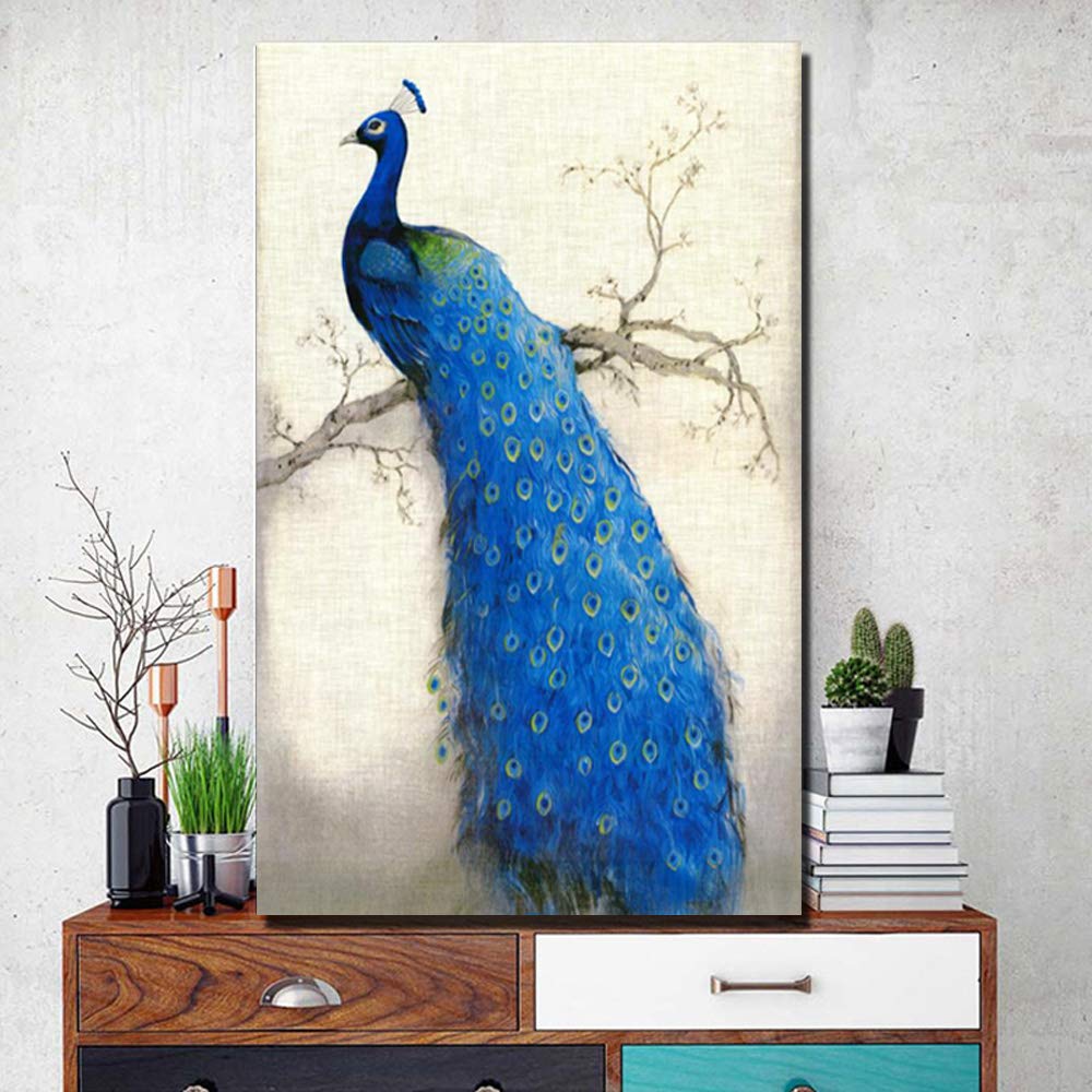 Peinture paon bleu sur toile 60x90cm Annick Goutal Art Mural sans cadre