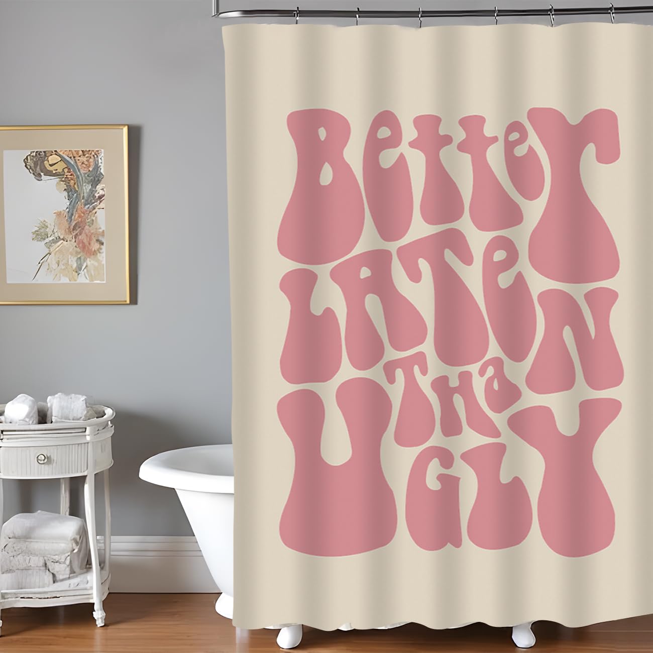PRELETOCH Better Late Than Ugly Shower Curtain Funny Letter Printed Curtains Waterproof Curtain Set Cute Bathtub Decor Bathroom Accessories with 12
