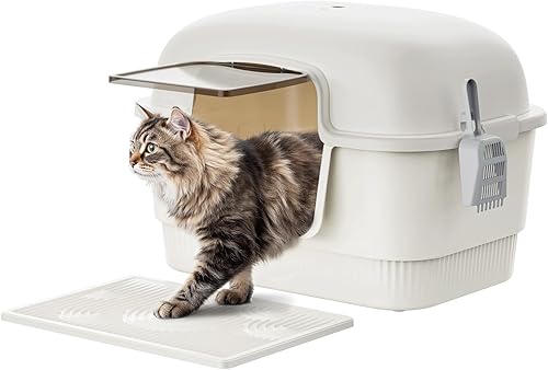 Caja de arena para gatos con alfombrilla de arena y cuchara, cajas de arena cerradas de pared alta para gatos antifugas, caja de arena cubierta para