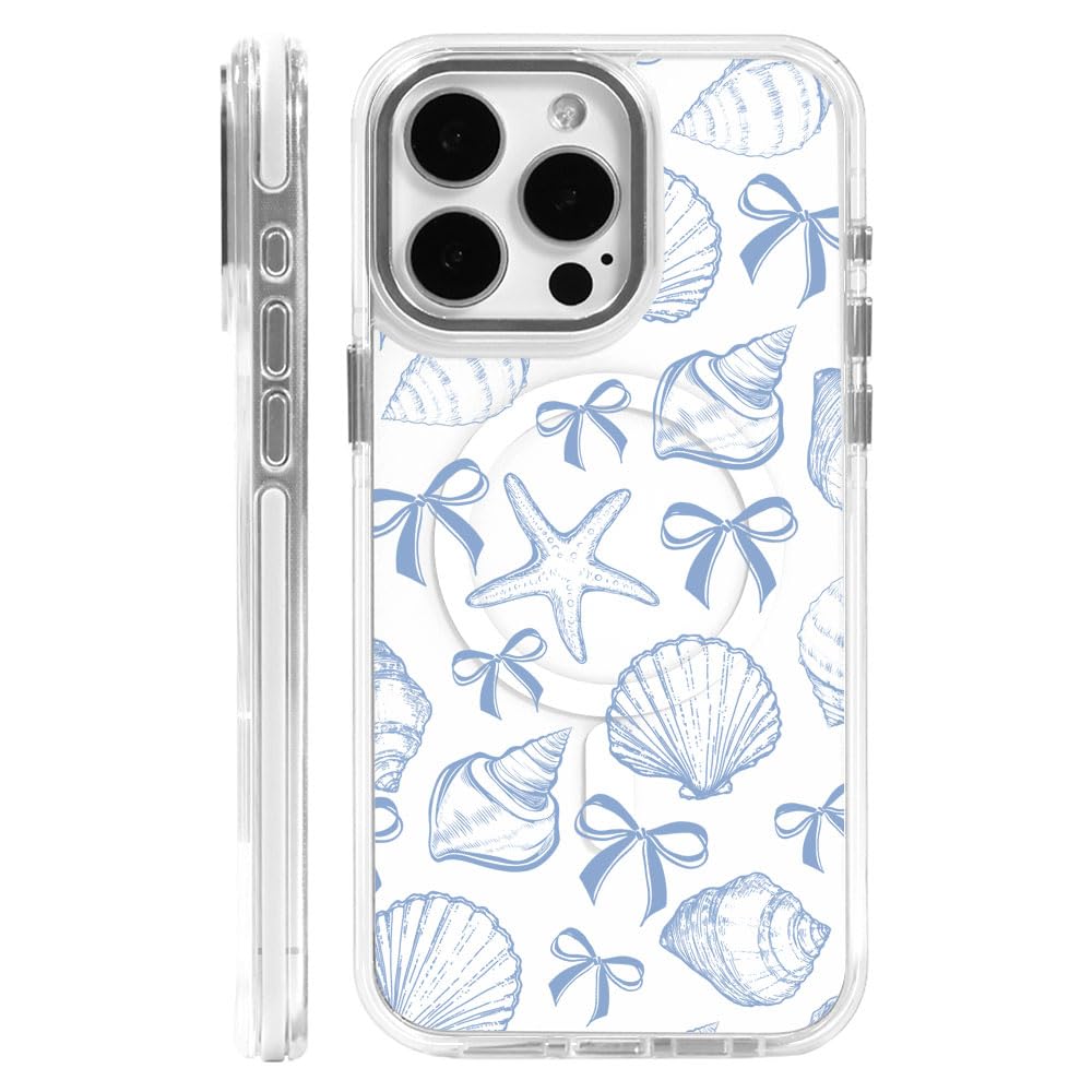DAIZAG Case for iPhone 15 Pro Max, [Compatible with MagSafe],Phone Case for Women Girls Magnetic Clear Cover,Blue Seashell Bow
