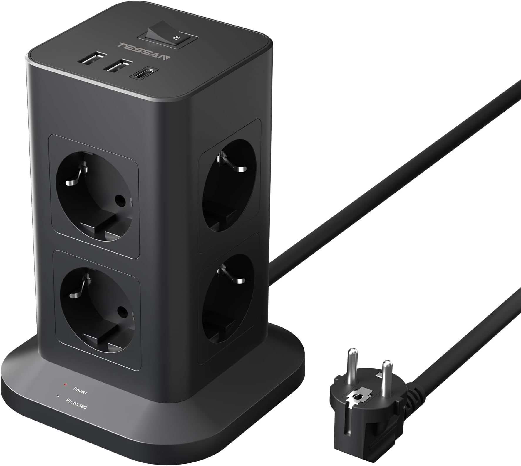 Power Strip Socket with 2 USB A and 1 USB C, 8 Outlets Surge Protection Sockets, Tower Vertical Power Strip with Switch, Vertical Sockets with 2M Cable, 3600W, Black