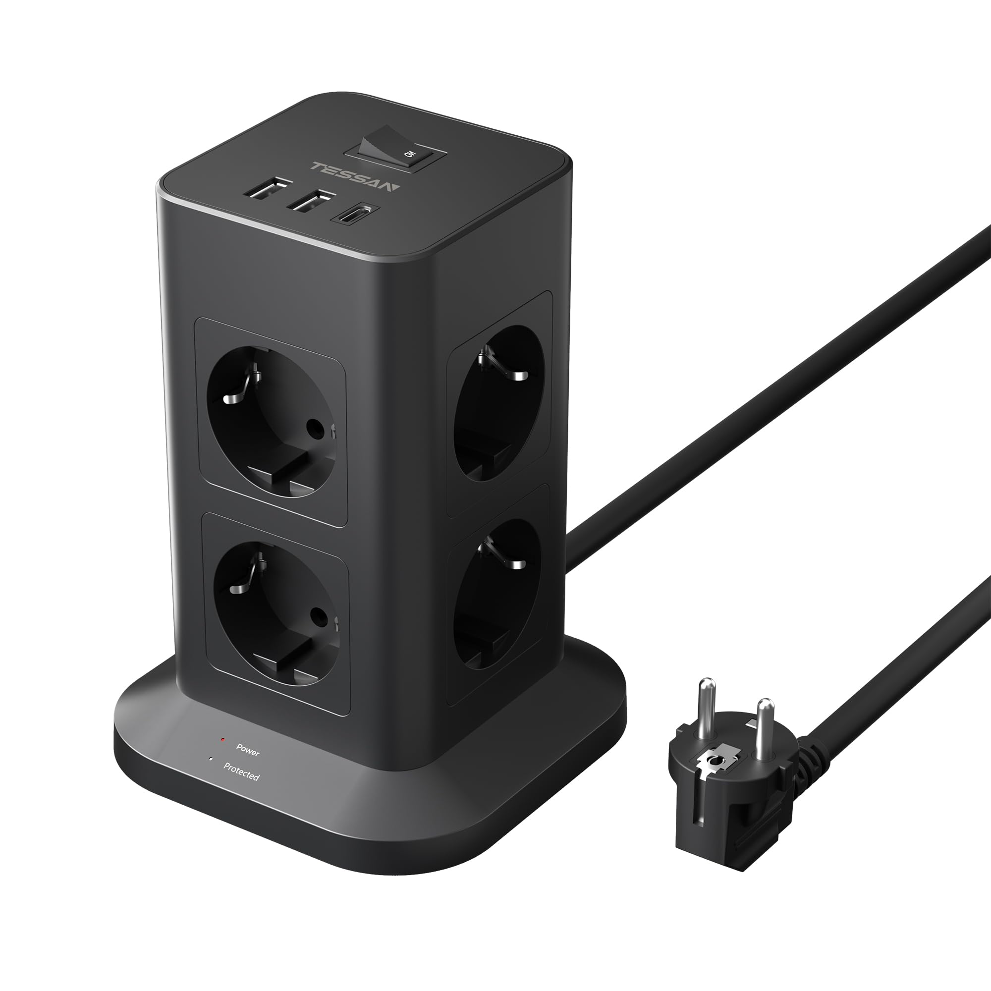 TESSAN 8 Prese Ciabatta Multipresa con USB, Ciabatta Elettrica con Cavo 2M, Torretta Multipresa con Protezione Sovratensione 1700J, Adattatore Prese Elettriche per Casa, Ufficio, Nero