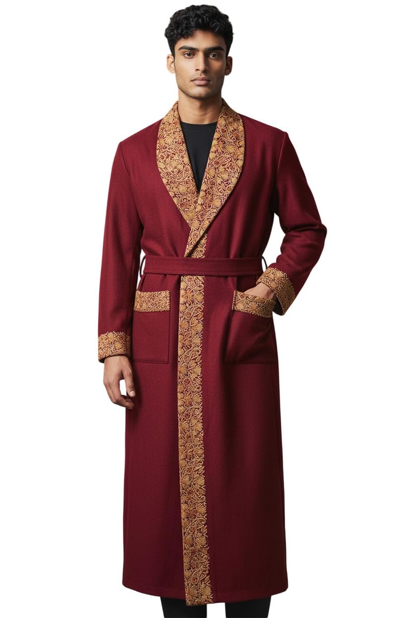 Men Woolen Nightgown Dressing Gown Sleep And Lounge Wear With Kashmiri Charming Embroidery Free Size (1, Maroon-4)