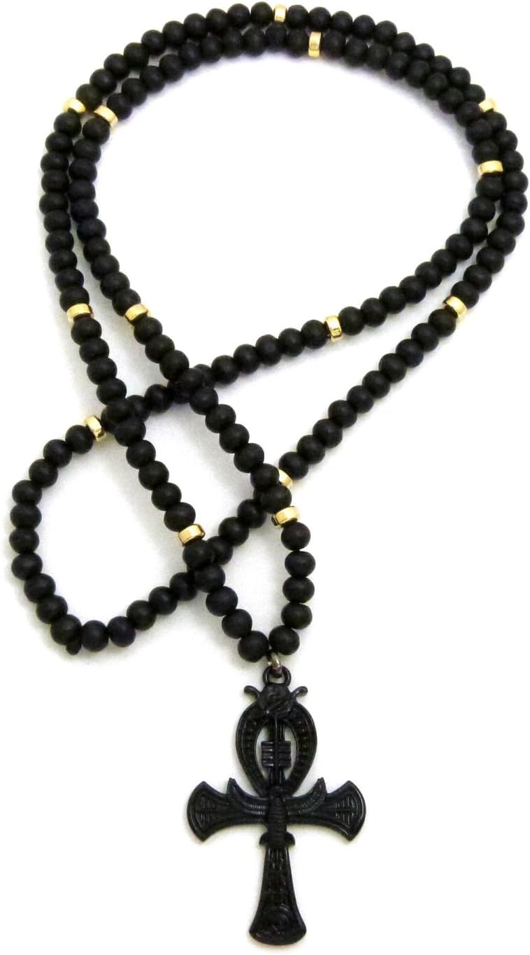 CBC Crown Egyptian Falcon Ankh Pendant 30" Wooden Bead Necklace
