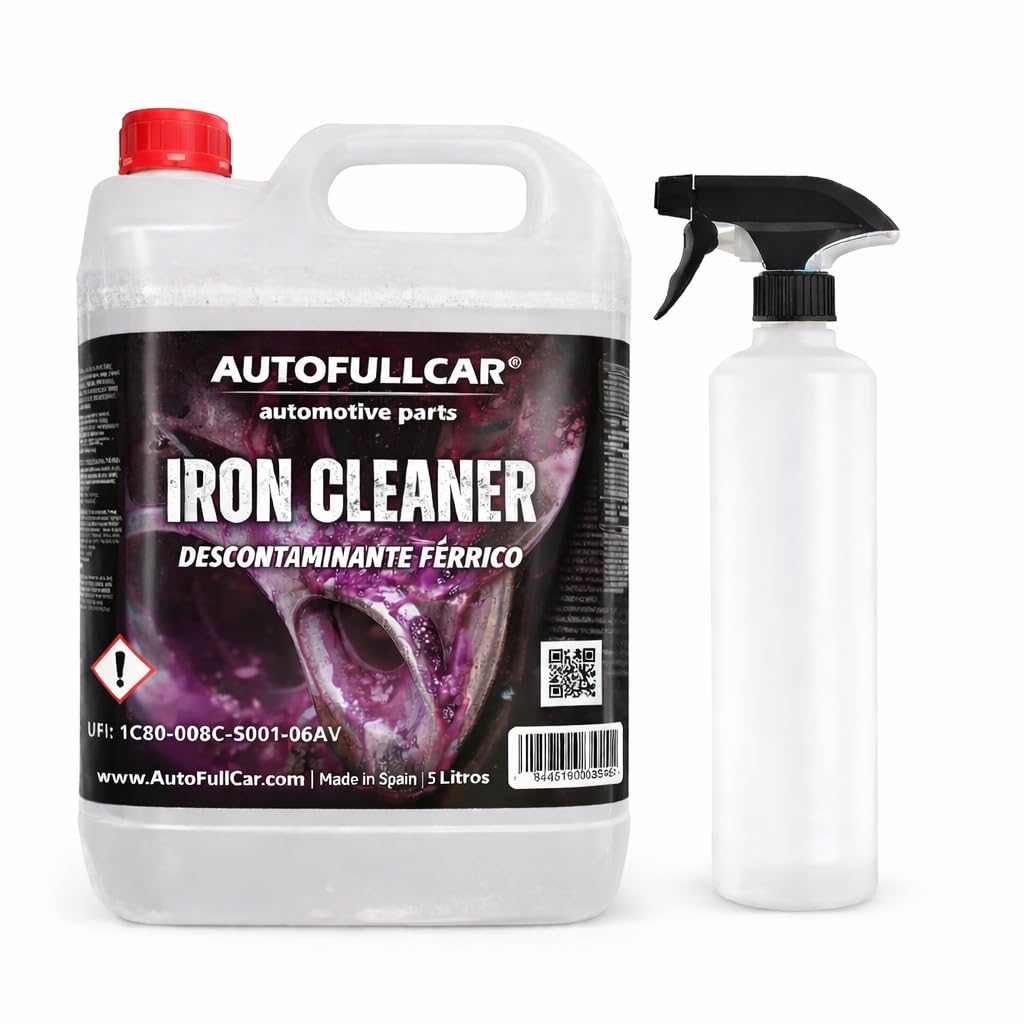 AutoFullCar Iron Cleaner 5 Litros, Limpia Llantas Coche, Descontaminante Férrico PH Neutro, Eliminador Partículas Hierro, Apto Aluminio Cromadas Moto, Incluye Botella con Difusor
