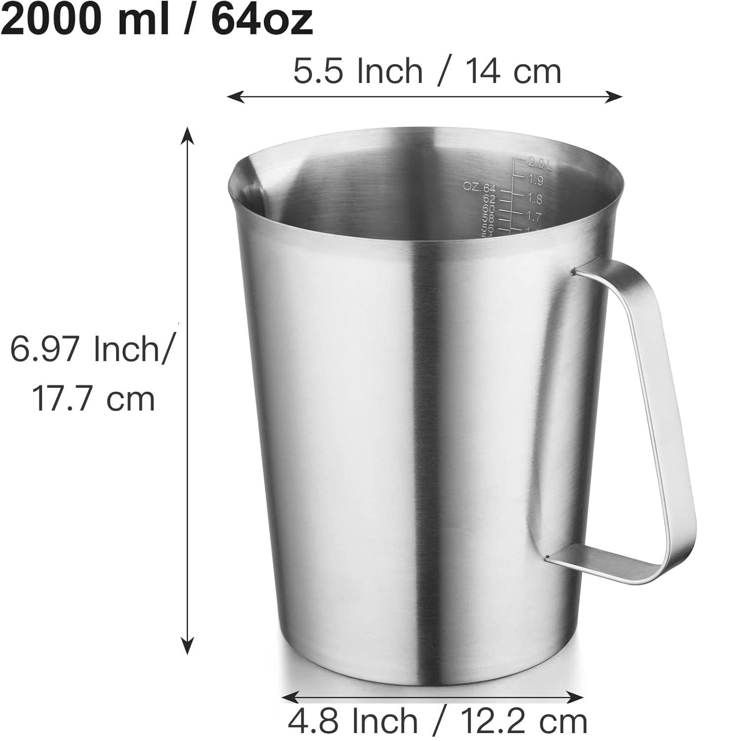 Misurino in acciaio inox (2 litri-8 tazze), brocca per schiumatura pesante, brocca per latte schiumante, tazza per schiumare latte con marcatura con manico per macchine da espresso, arte del latte