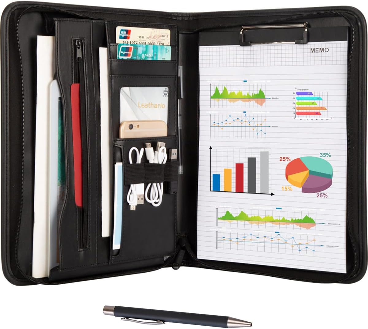Leathario Portfolio, A4 Padfolio with Notepad, Includes 10 Clear Sheet Protectors and a Pen, Vegan Leather Document Holder Organizer, File Folders with Pockets for Tablets Notepads, Office Supplies