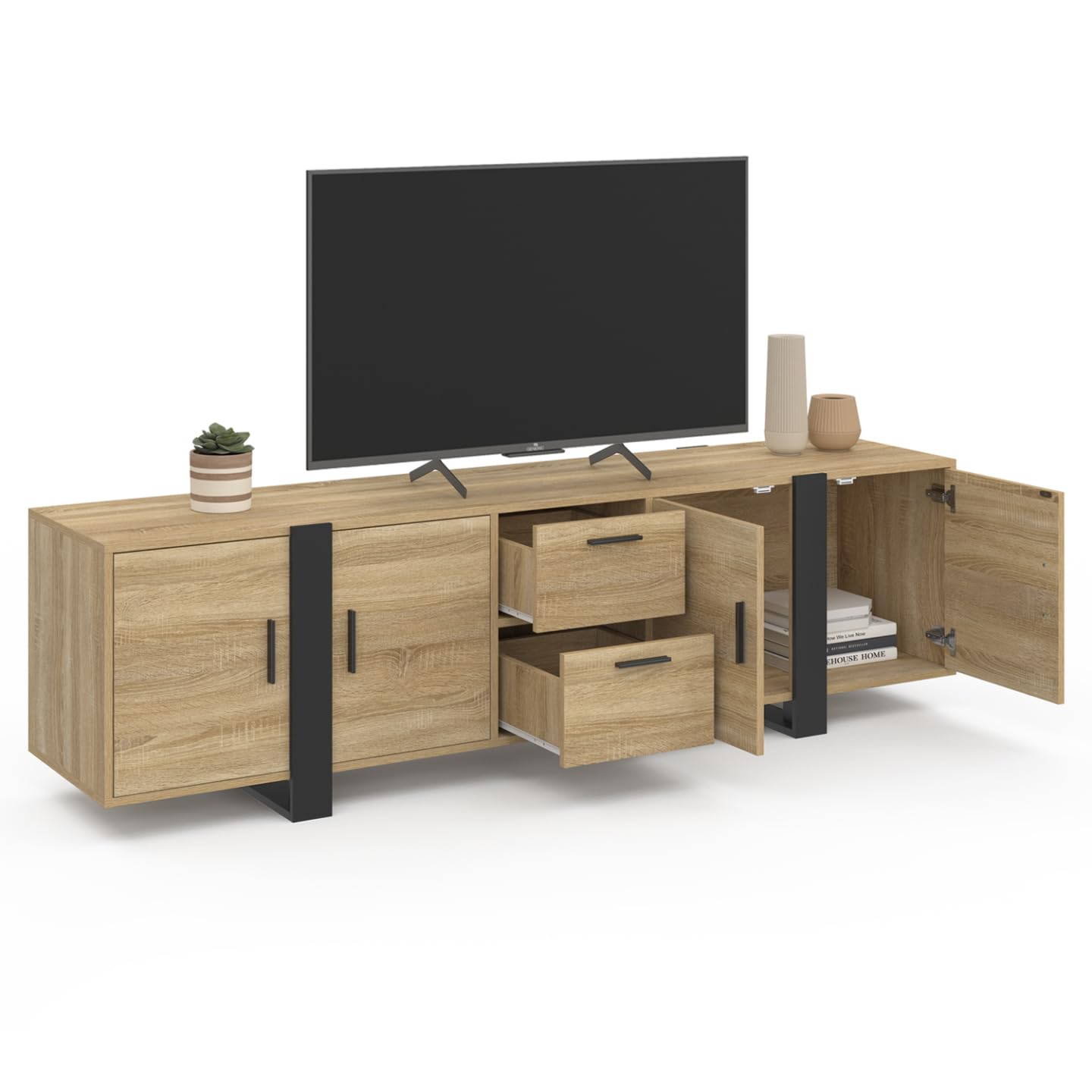 IDMarket - Meuble TV 180 cm Phoenix avec rangements Bois et Noir