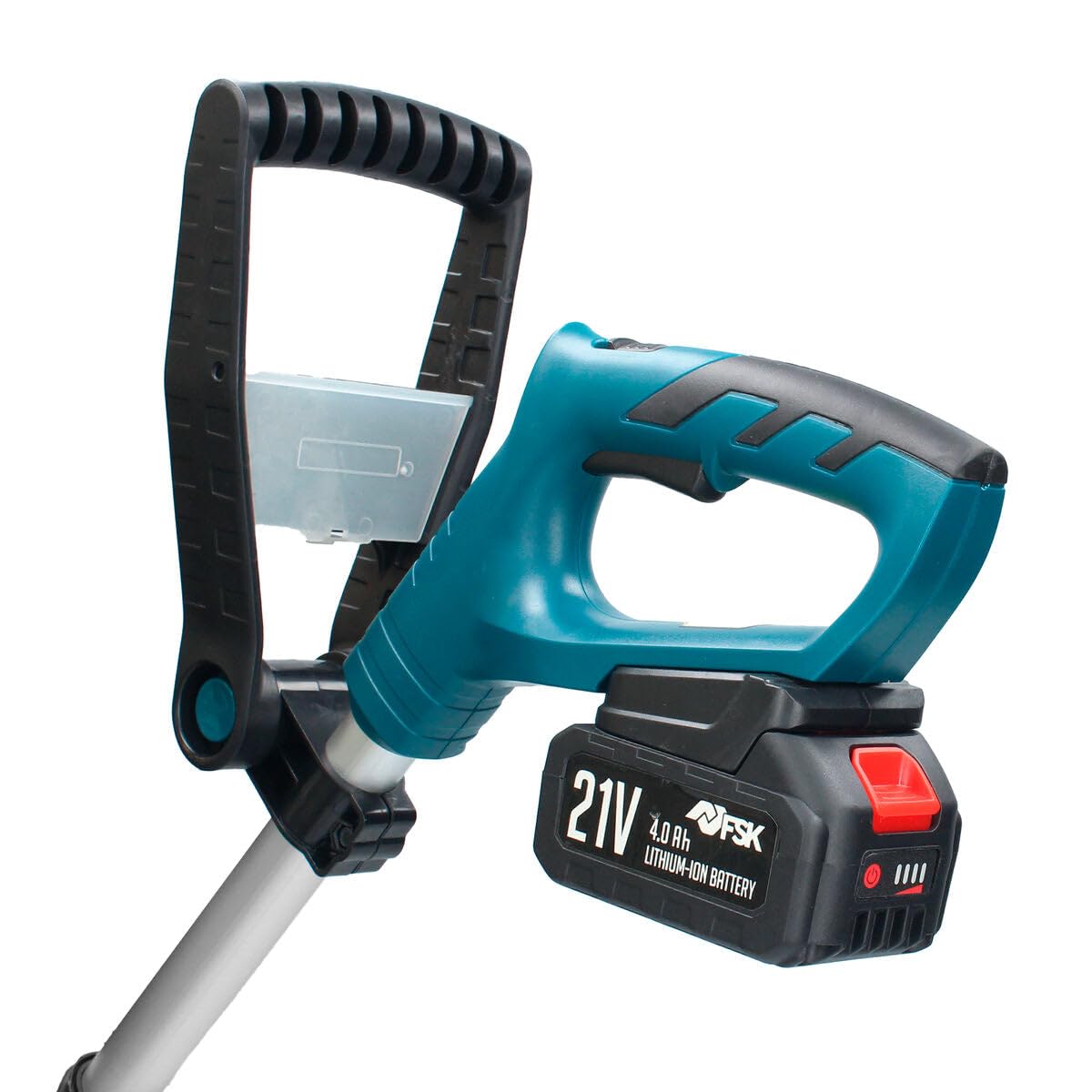 Ferrestock Motoazada Eléctrica 21 V con Batería de 4.0 Ah, 2 Cuchillas, Empuñadura Ajustable, Incluye Cargador.