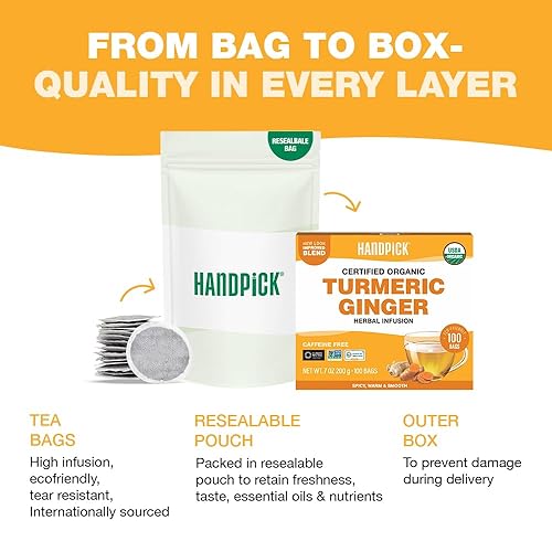 Miniatura 8 de HANDPICK, Bolsas de té de jengibre y cúrcuma, 100 bolsas de té de hierbas, sin cafeína, sin gluten, hechas de cúrcuma 100% pura y raíz de jengibre,