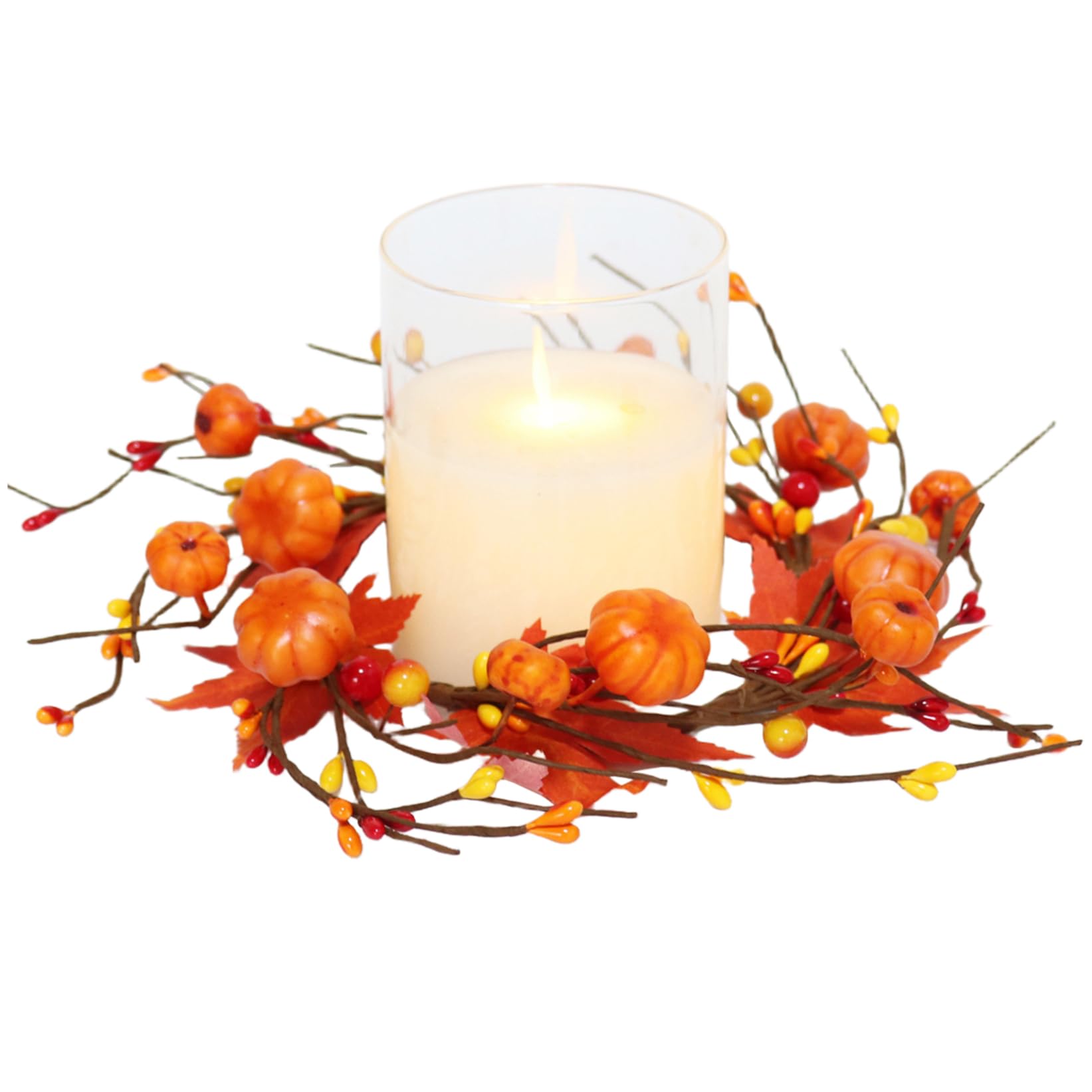 Fall Candle Rings 1pc, Maple Leaves & Pumpkin, 9.8in, Burnt Orange.