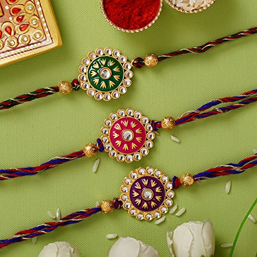 Image of eCraftIndia Set of 3 Meenakari Designer Rakhis for Brother Bhabhi Bhaiya Bhai Kids | Raksha Bandhan Rakhi Combo | Best Bro Ever Fridge Magnet | Roli Chawal Pack