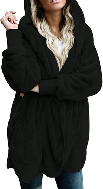GOSOPIN Womens Long Sleeve Solid Fuzzy Fleece Open Front Hooded Cardigans Jacket Coats Outwear with Pocket Black Small