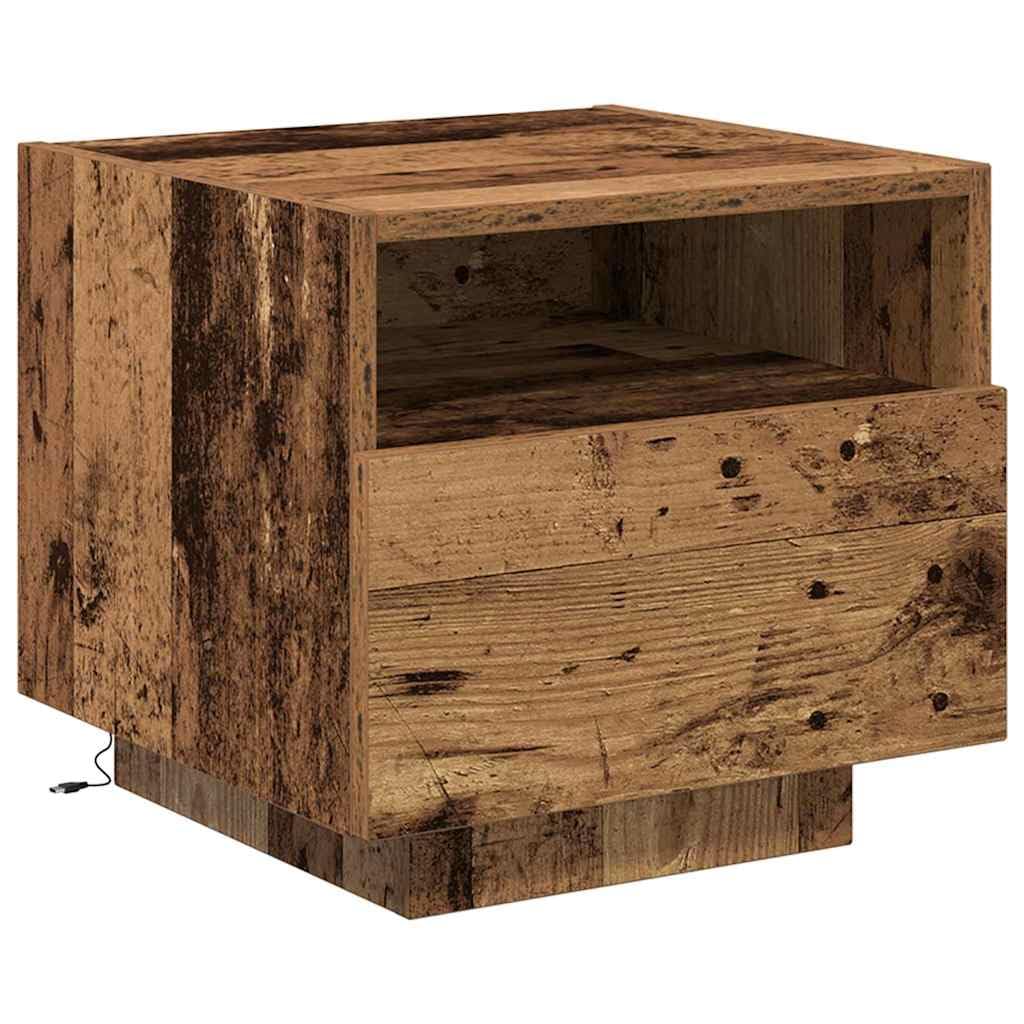 Zestaw 2 stolików nocnych, stare drewno z materiału drewnopochodnego, 40 x 39 x 37 cm, z szufladą, półką, paskiem LED i źródłem zasilania USB, do sypialni, łóżka, salonu, korytarza