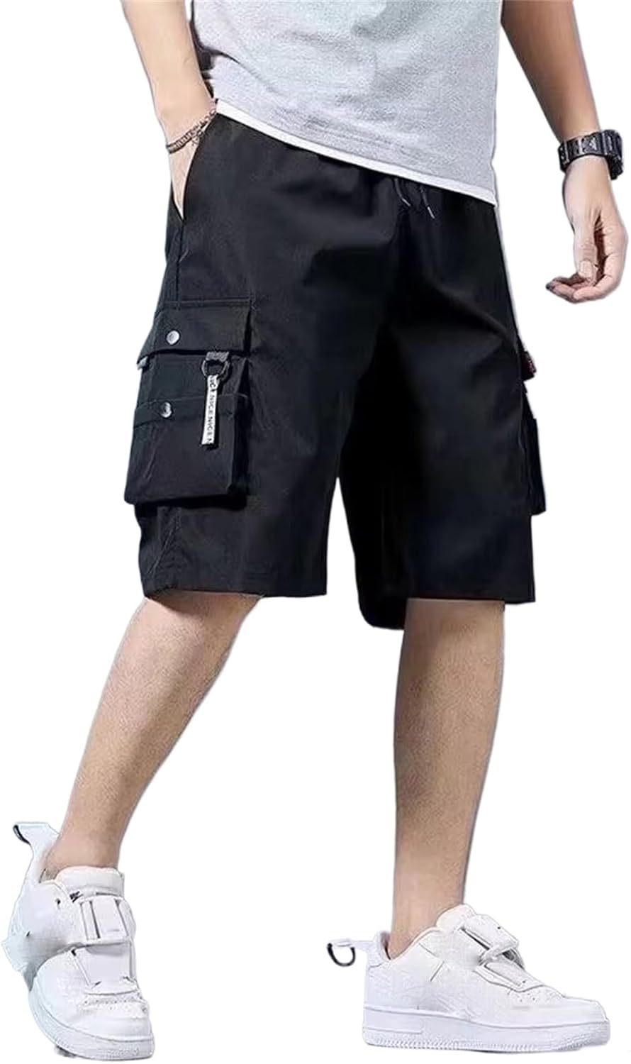 Black Hip Hop Cargo Shorts for Men's Summer Wide Leg Casual Shorts Korean Pants Loose Japan High Waist Pants Men