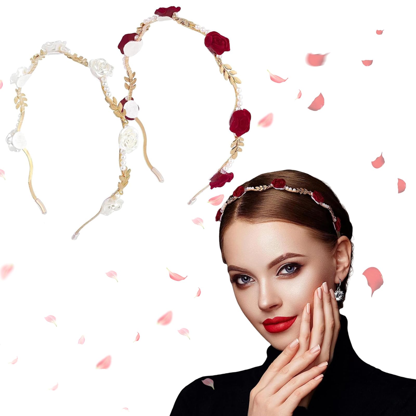 2 Piezas Metal Rose Perla Diadema, Cinta de Pelo Rosa Corona Flores, Diadema Rosa de Aleación de Perlas, Perfecto para Cualquier Atuendo, Tocado de Novia de Boda, Chicas Elegantes