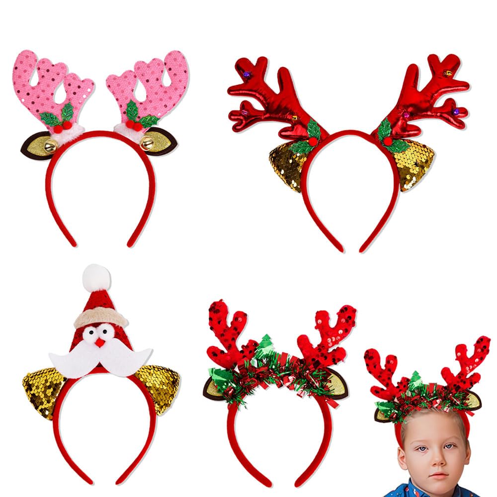 4 Pieces Christmas Headbands Xmas Headwear Reindeer Costume Hair Headband Christmas Xmas Headband Assorted Styles for Christmas
