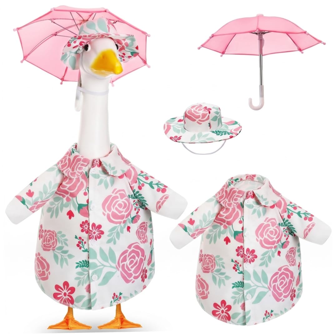 Striegro 3PCS/Set Gooses Outfits, Raincoat Spring Summer Geese Outfit Clothes with Umbrella & Hat Floral Print Clothing Fits 23 Inch Decorative Goose.
