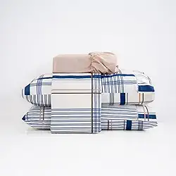 Jogo De Lençol Casal Queen King 4 Peças 100% Algodão Percal 200 Fios Estampado (Queen, Listrado Azul)