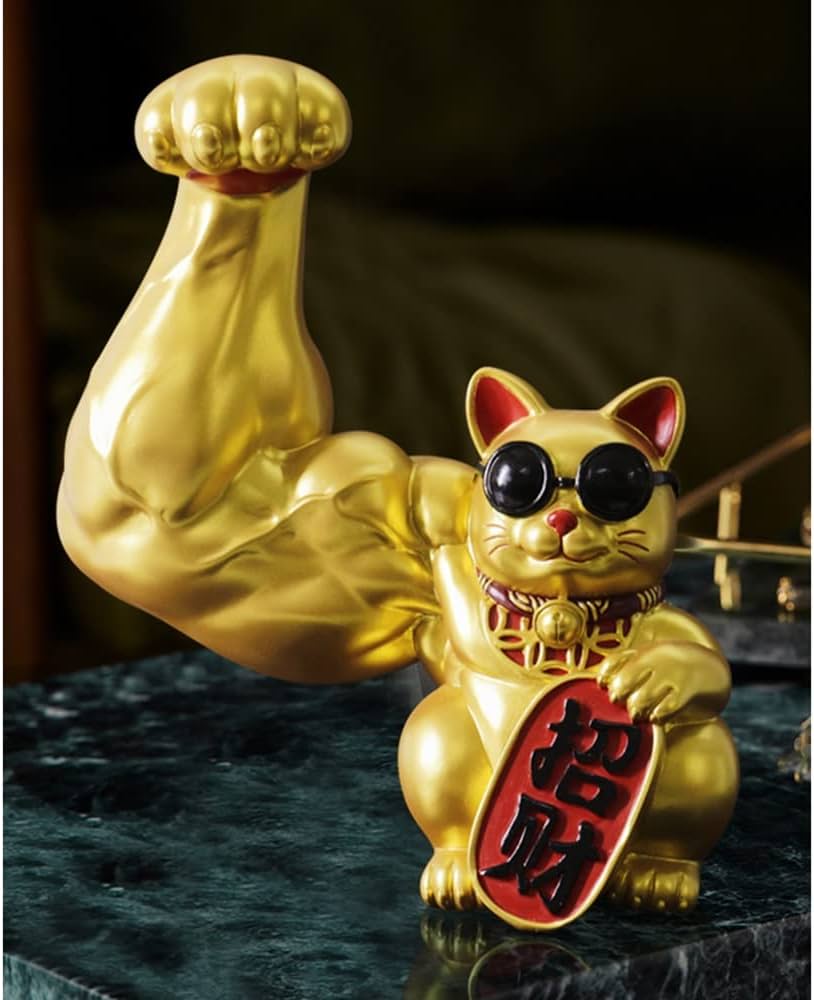 金色の筋肉猫の置物 Amazon｜開運猫・樹脂強盗猫 たくましい筋肉腕 23/32/26cm (Color