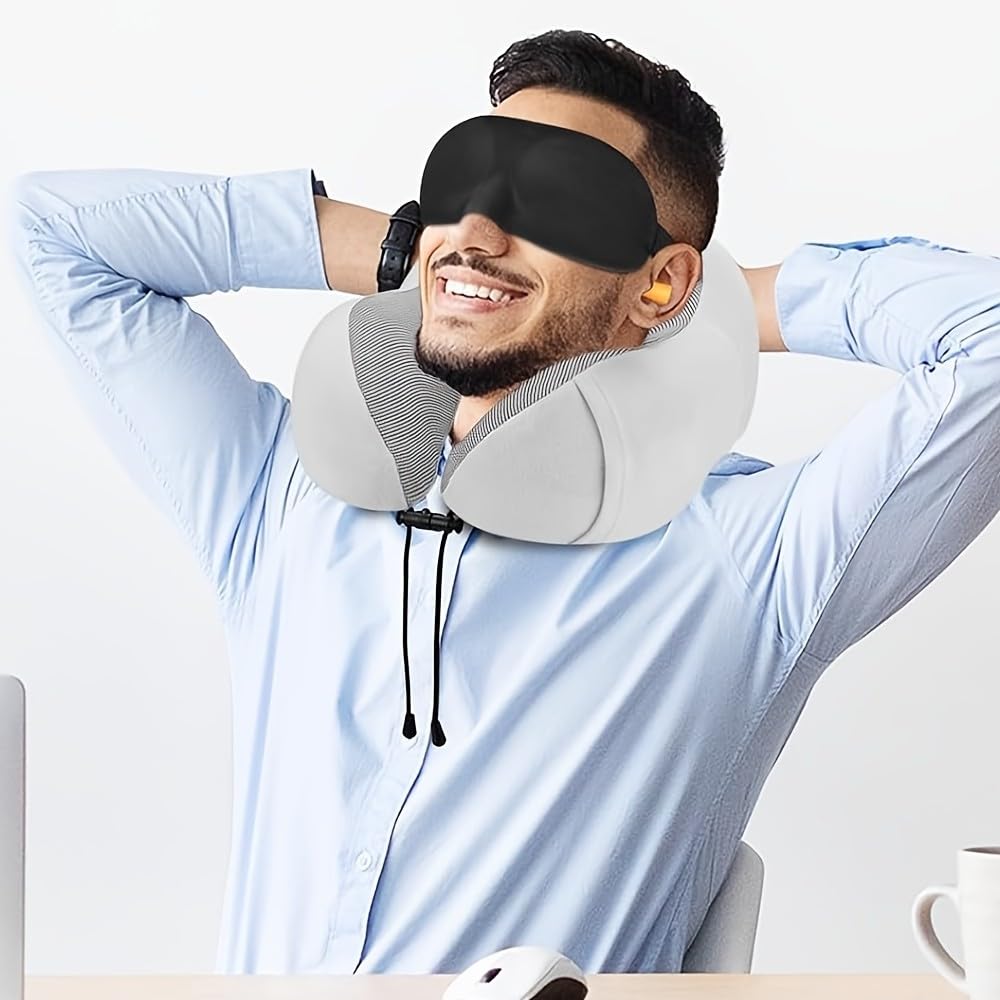 Almohada de cuello de espuma viscoelástica para viajes y dormir, portátil y cómoda para uso en avión y coche