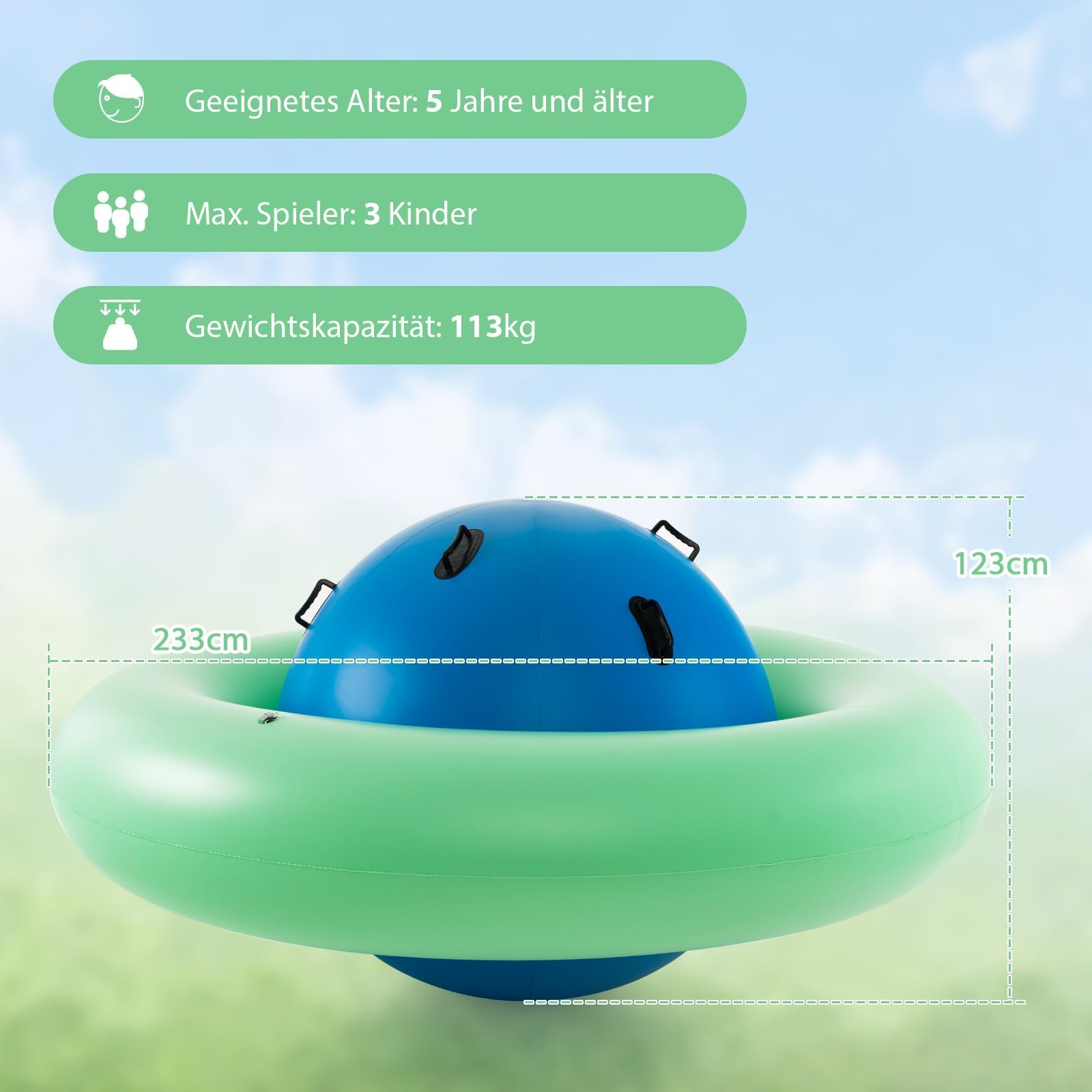 FANTASK Altalena gonfiabile a cupola per bambini, 223 cm, con 6 manici integrati (verde + blu)