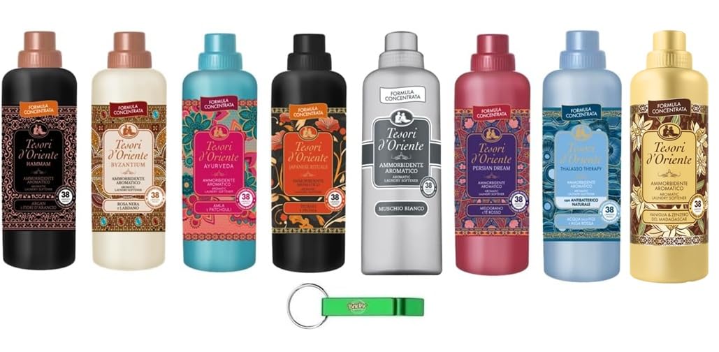 Paquete de prueba Tesori d'Oriente suavizante concentrado, suavizante de tela, todas las fragancias, 8 fragancias diferentes, 8 x 760 ml + llavero Beni Culinari gratis