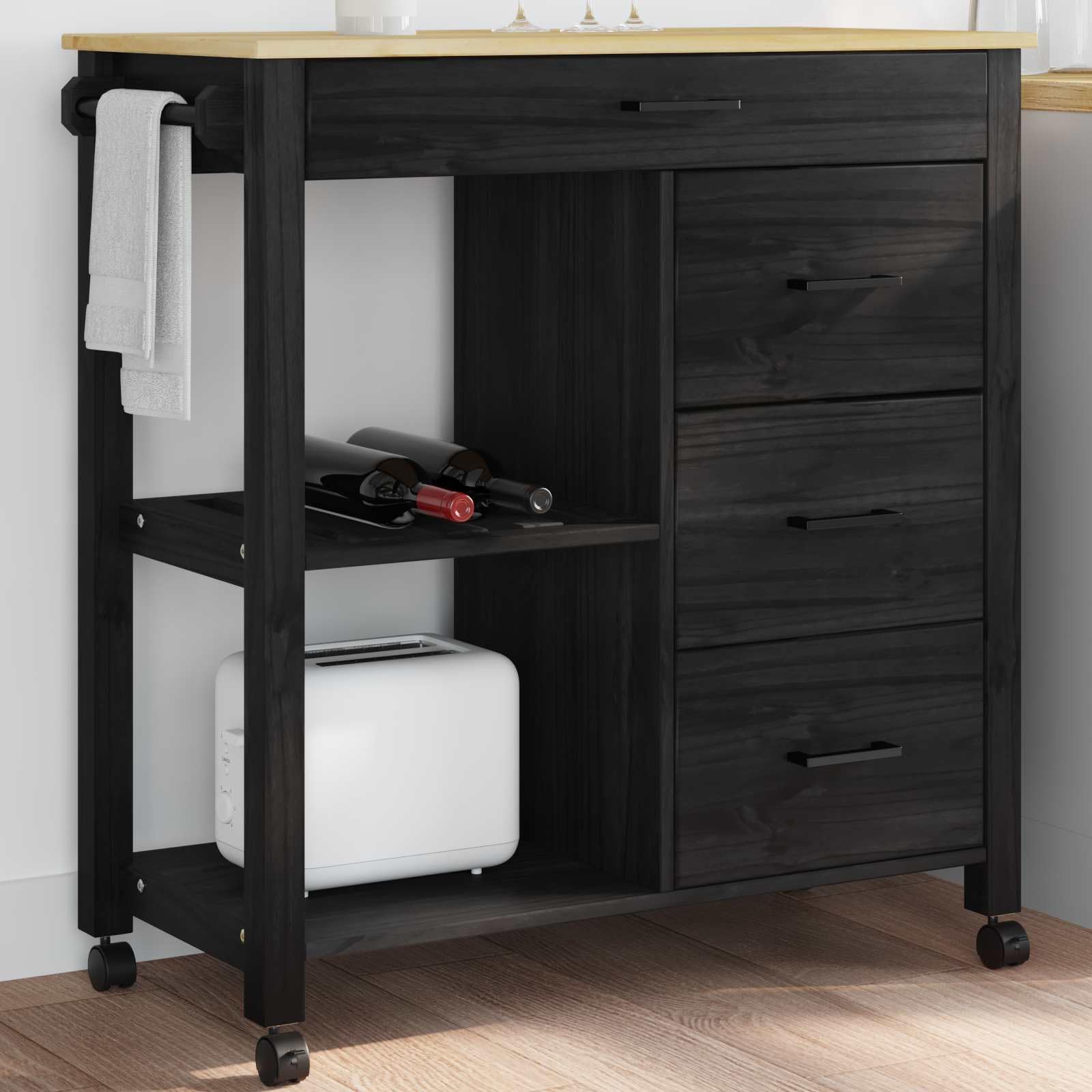 Chariot de Cuisine Monza Noir 84 x 40 x 88,5 cm avec étagère, tiroir, roulettes pivotantes, mobilier de Rangement Pratique pour préparation Repas, Buffet ou Service intérieur