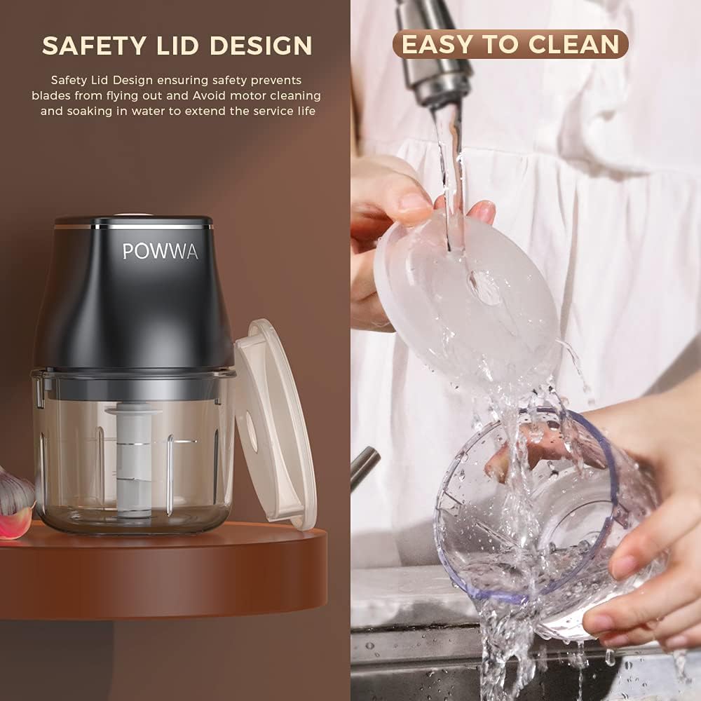 Image demonstrating the safety lid design and easy cleaning process of the POWWA Electric Garlic Chopper