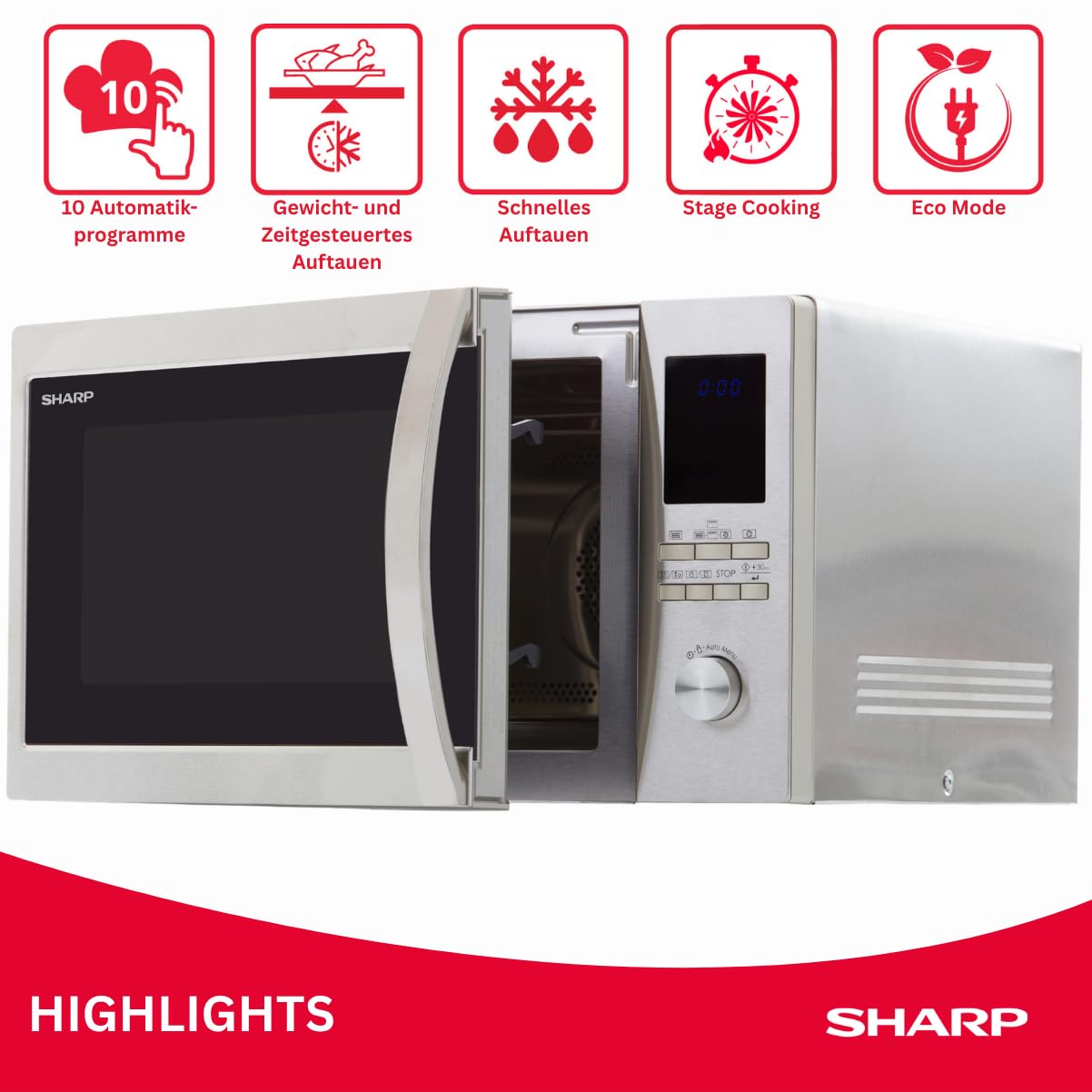 Sharp Electronics (Europe) R982STWE Mikrowelle / 1000 W / 42 L Garraum / 2700 W Heißluft / 10 Gar und Auftauautomatikprogramme/edelstahl