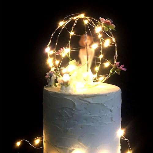 Miniatura 2 de Fairy Garden Houses - Decoración para tartas de cumpleaños, boda, juego de 5 – Hada, flor, bola hueca dorada, luz LED y base de muñeca segura para
