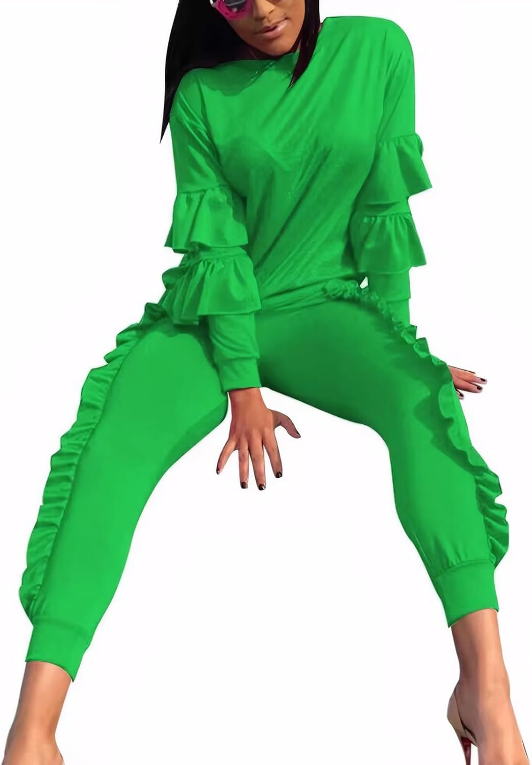 KANSOON Women 2 Pieces Outfits Puff Sleeve Top and Long Flounced Pants Sweatsuits Set Tracksuits