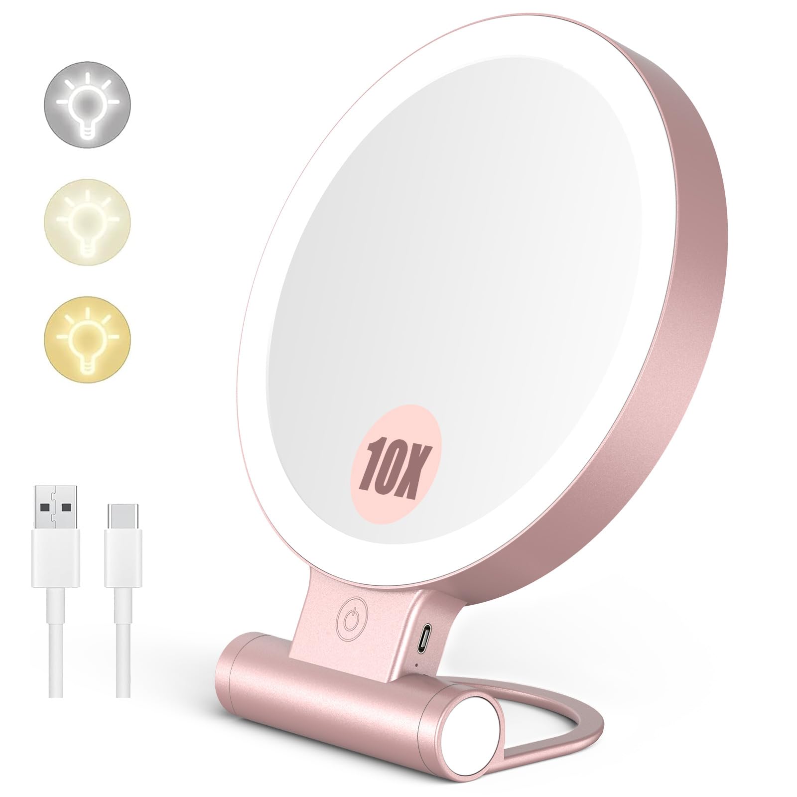 PASUIDU Espejo Maquillaje con Luz,10x/1x Espejo Aumento Espejos de Mesa 3 Colores Recargable Plegable Espejo Baño para Maquillaje y Viaje (Rosa)