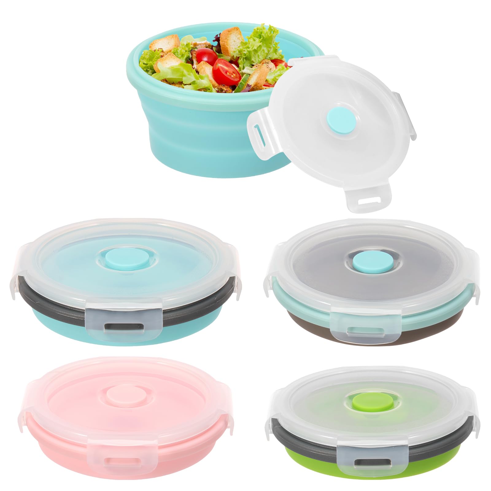 5PCS Colorful Collapsible Food Containers,Round Collapsible Lunch Box Bowls with Lids,Camping Accessories,Fresh Fold Food Containers,Microwavable Safe,Silicone Rv Kitchen Storage Equipment (5PCS)