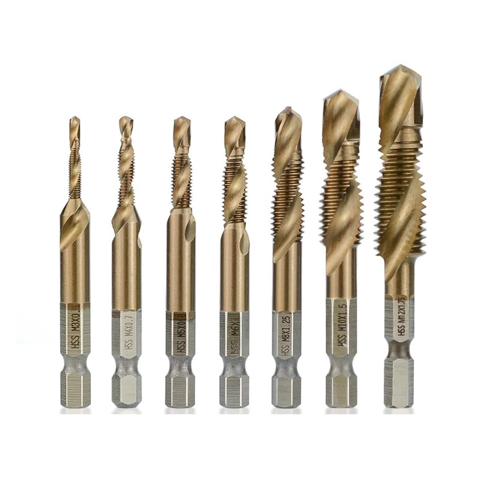 punte da trapano 7pcs. HSS. Thread rubinetti. M3-m12. Bit toccatura metrica T ICN. Rubinetti composti a vite a vite con gambo esagonale rivestito 1/4 (Color : 7pcs Set)