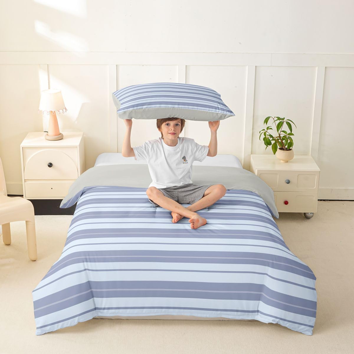 Castle Fairy Striped Kids Duvet Cover Set Toddler Size,Minimalist Stripes Girls Boys Bedding Set,Modern Simple Style Striped Room Decor,Light Blue Quilt Cover,1 Pillowcase(No Comforter) image 3
