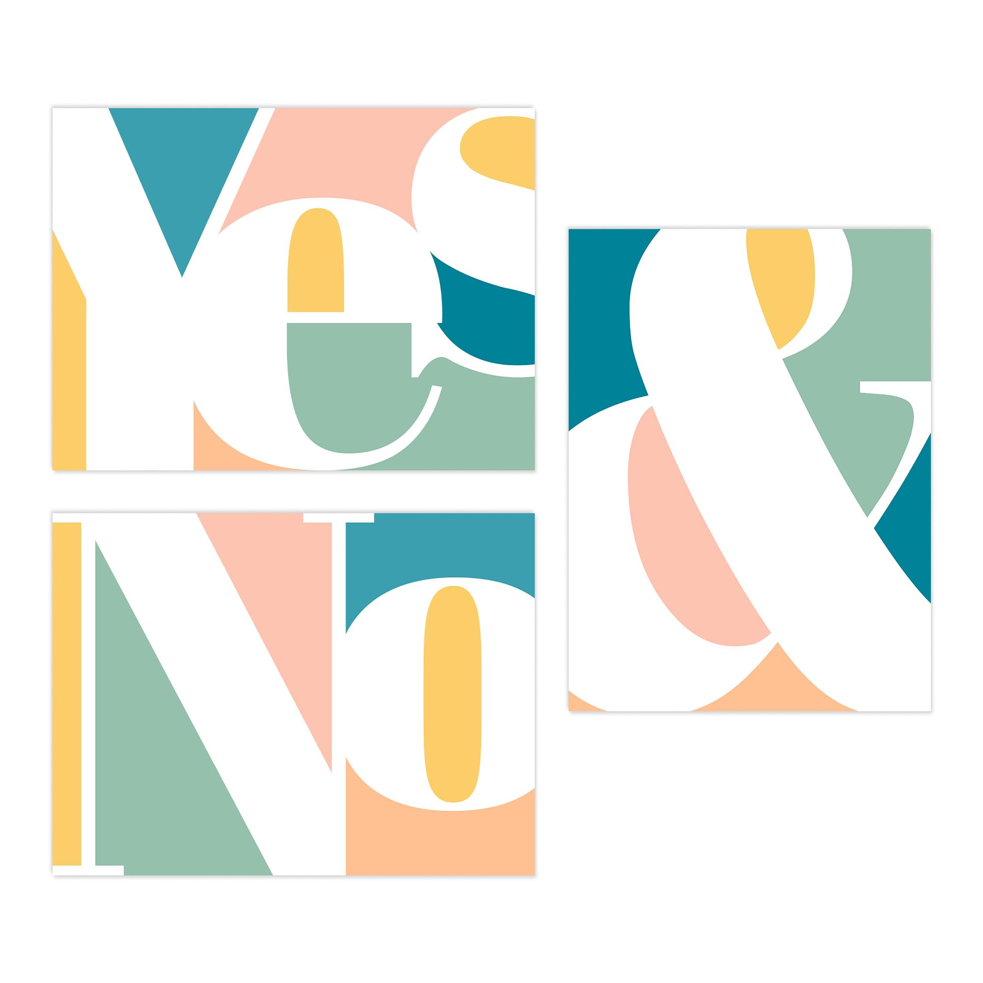 B&Q -  Wall Art Print Set Of 3 Symbol Typography Words Yes And No Pastel Colour Wall Art