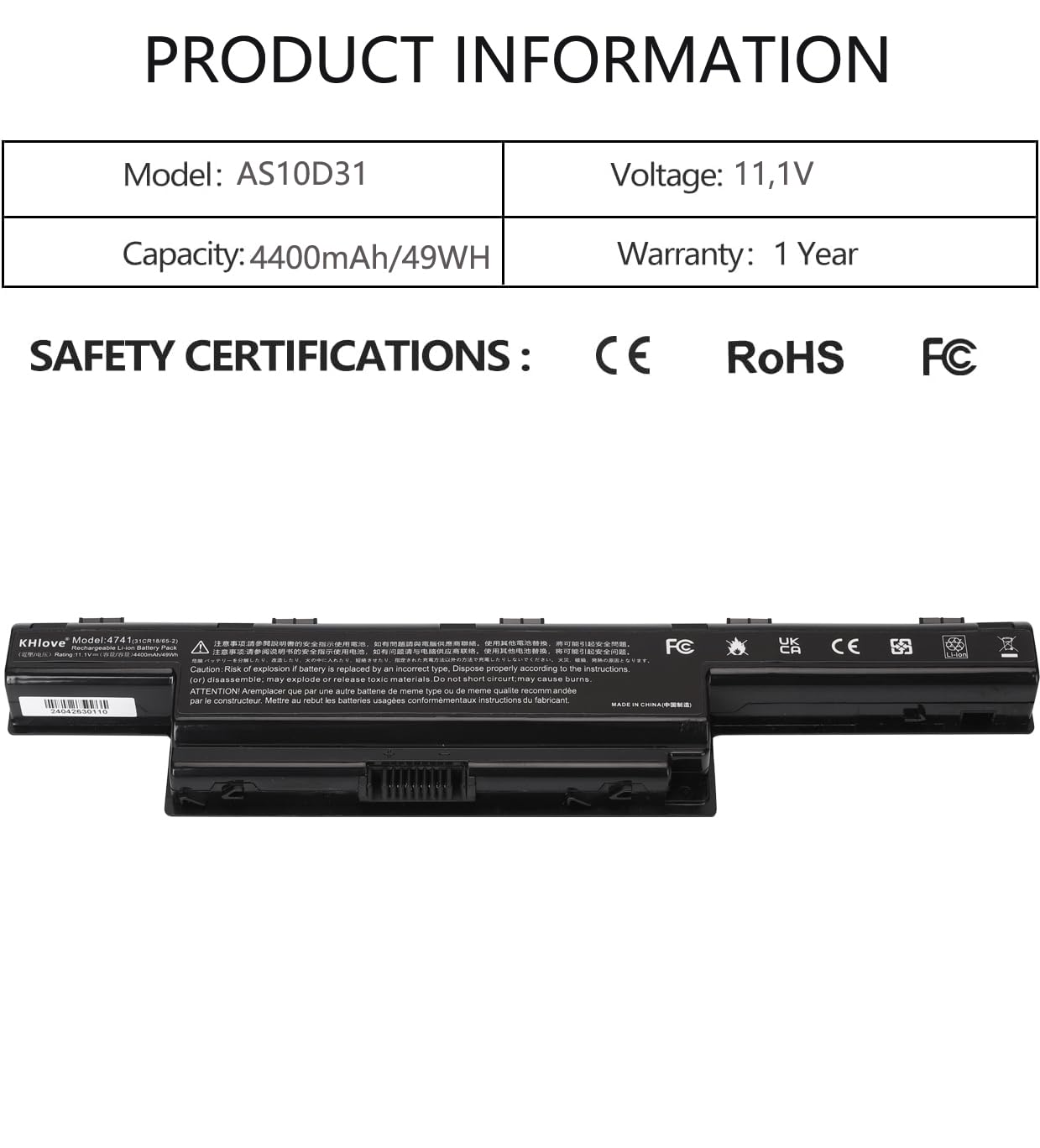 AS10D31 AS10D51 AS10D81 AS10D75 AS10D3E AS10D73 AS10D41 AS10D61 AS10D71 Batterie pour Acer Aspire 5750 5552 5742 5733 5749 5551 5750G E1-531 TravelMate 4370 4740 4740G Emachines D440 D530 D640G D642
