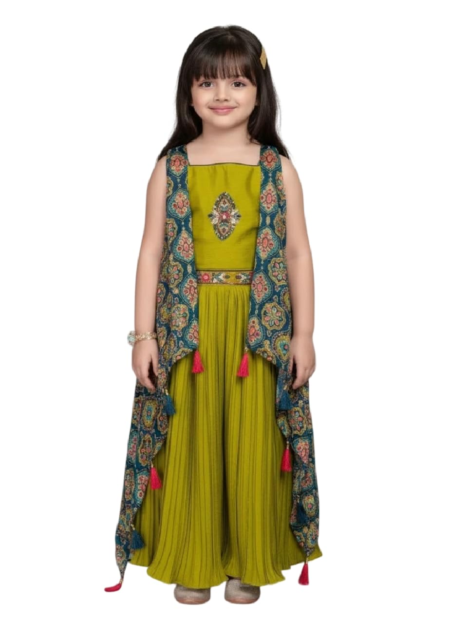 Wommaniya Impex new Girls Parrot Green Art silk Plating Palazzo set| Kids Ethnic Wear palazzo set for girls|Indo Western Set