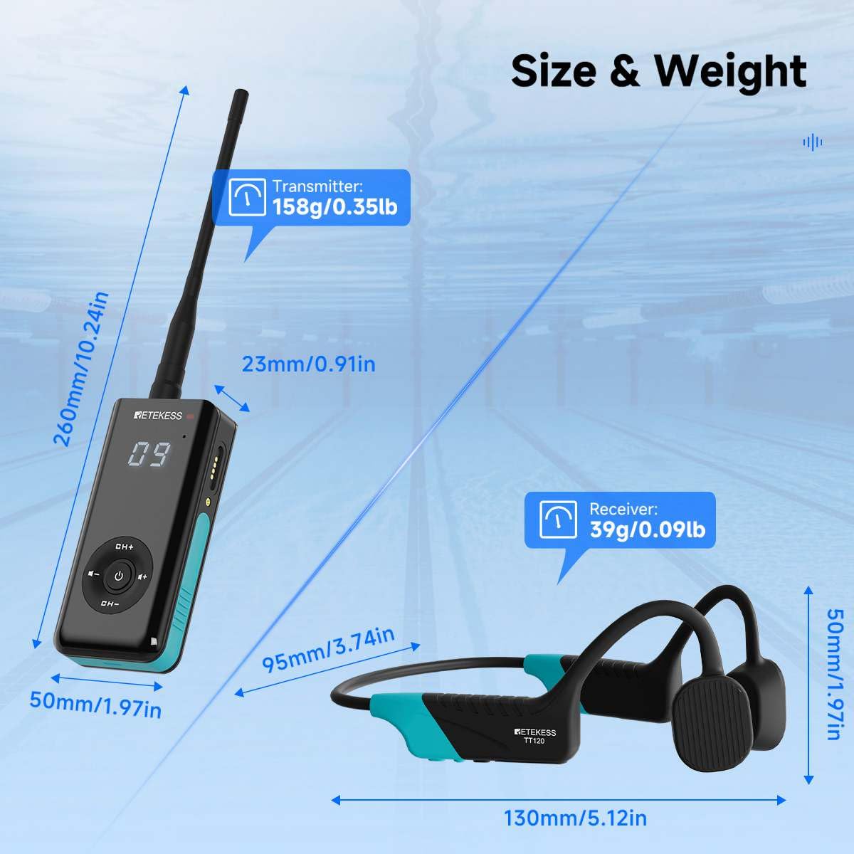Retekess TT120 Swim Coach Communicator, Underwater Communicator, IP68 Wasserdicht, 120 M, Schwimmtrainer-Kommunikator für Schwimmtraining und Coaching (1 Sender, 20 Empfänger)