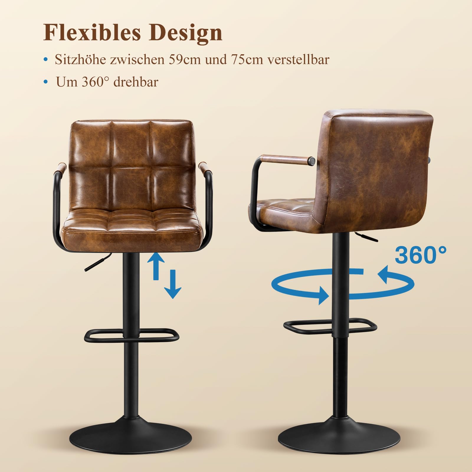 Barhocker 2er Set, Barstuhl höhenverstellbar aus PU-Leder, 360°Drehstuhl Küchenstuhl mit Armlehnen, Rückenlehne und Fußstütze für Küche, Wohnzimmer, Esszimmer, Gelbbraun