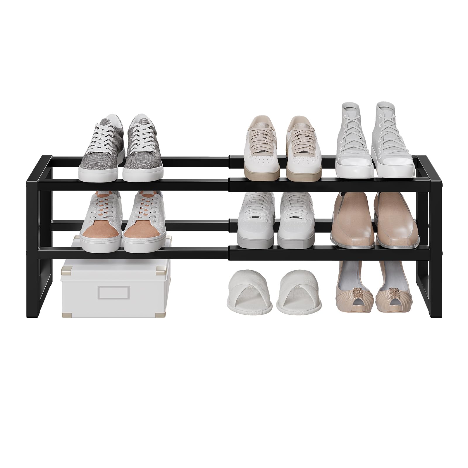 WOLTU Portascarpe Estensibile a 2 Livelli, Scaffale in Metallo, Scarpiera Salvaspazio Slim, Organizzatore di Stoccaggio per Scarpe, Mobiletto Ingresso, Corridoio, Camera da letto, Nero