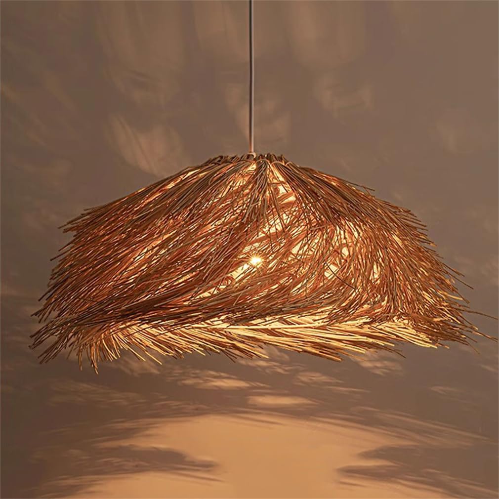 LYMSXAZOU 15.7" Rattan Chandelier Pendant Light, Retro Japanese Style E27 Lamp Shade Vintage Weaving Bamboo Large Handwoven Wicker Light Fixture Farmhouse Dining Room Lighting