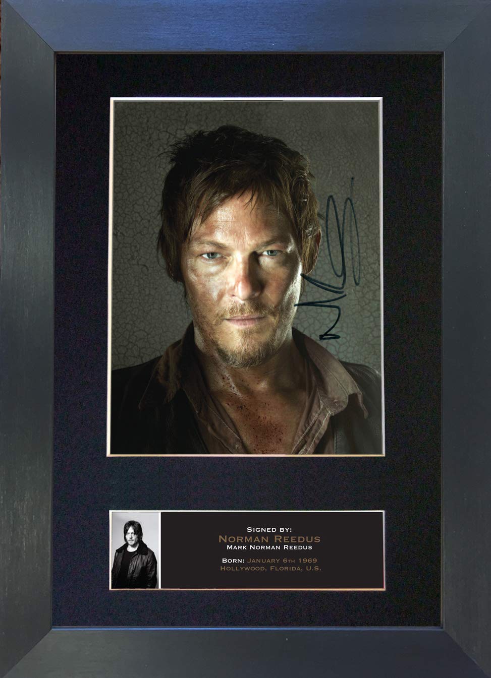 The Autograph Collector Gold,Black Norman Reedus Daryl Dixon The Walking Signed Autograph Mounted Photo Reproduction Print A4 Rare (297 X 210Mm) #560 (Black Frame)