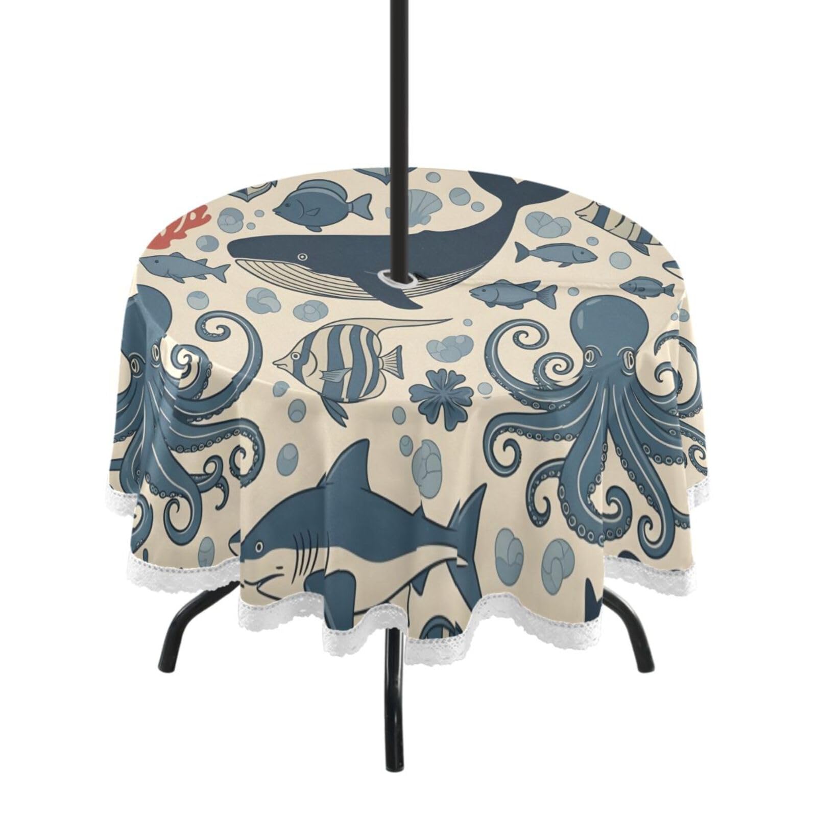 Ttgoth Whales Outdoor Table Cloth 152 cm Water Stain & Resistan Tablecloth Wipeable Table Cover with Parasol Hole & Zipper for Garden Patio Party Picnic