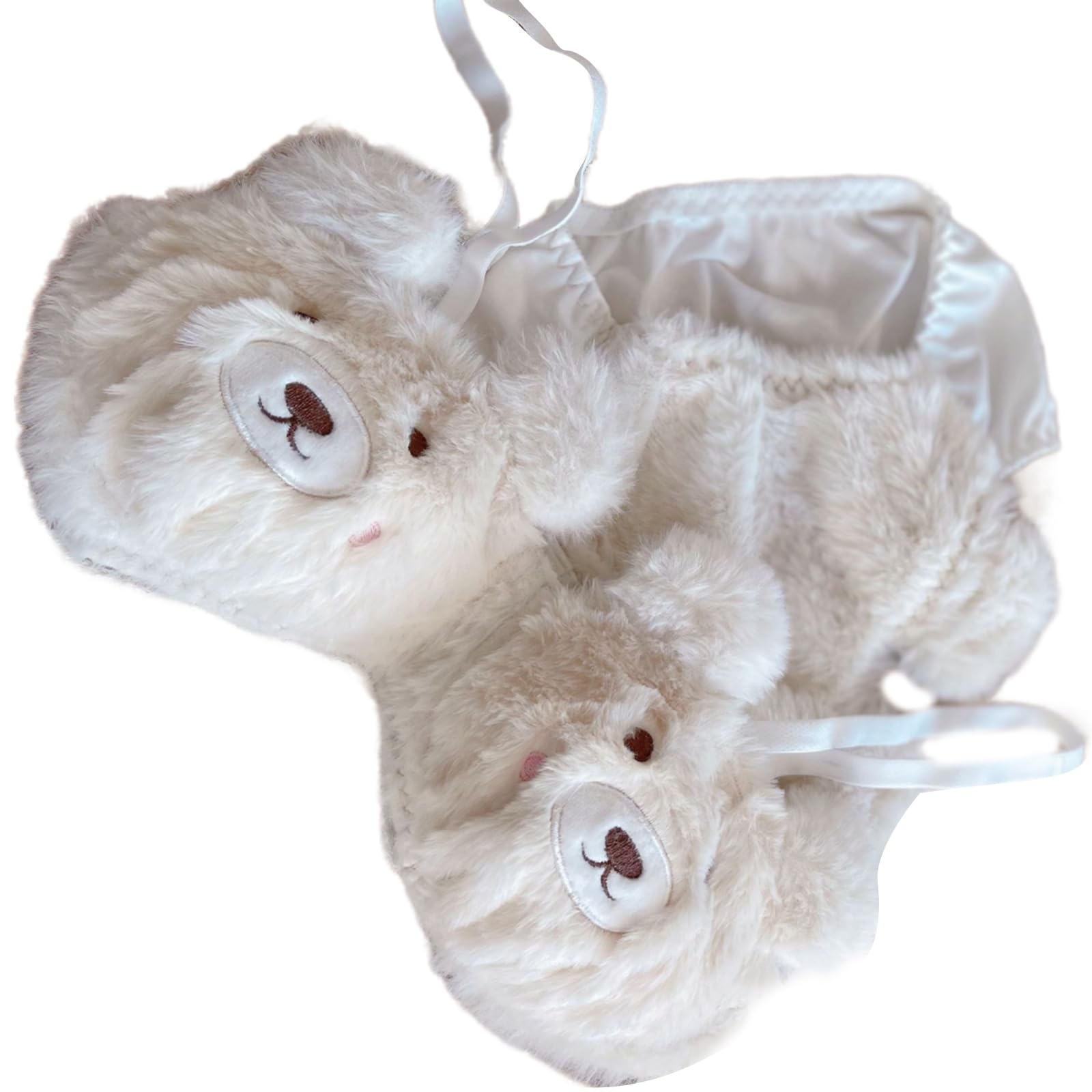 Maxtonser Womens Sweet Bear 2Pcs Plush Bra and Panty Set Furry Wireless Adjustable Strap Bralette Underwear Cosplay Anime Lingerie